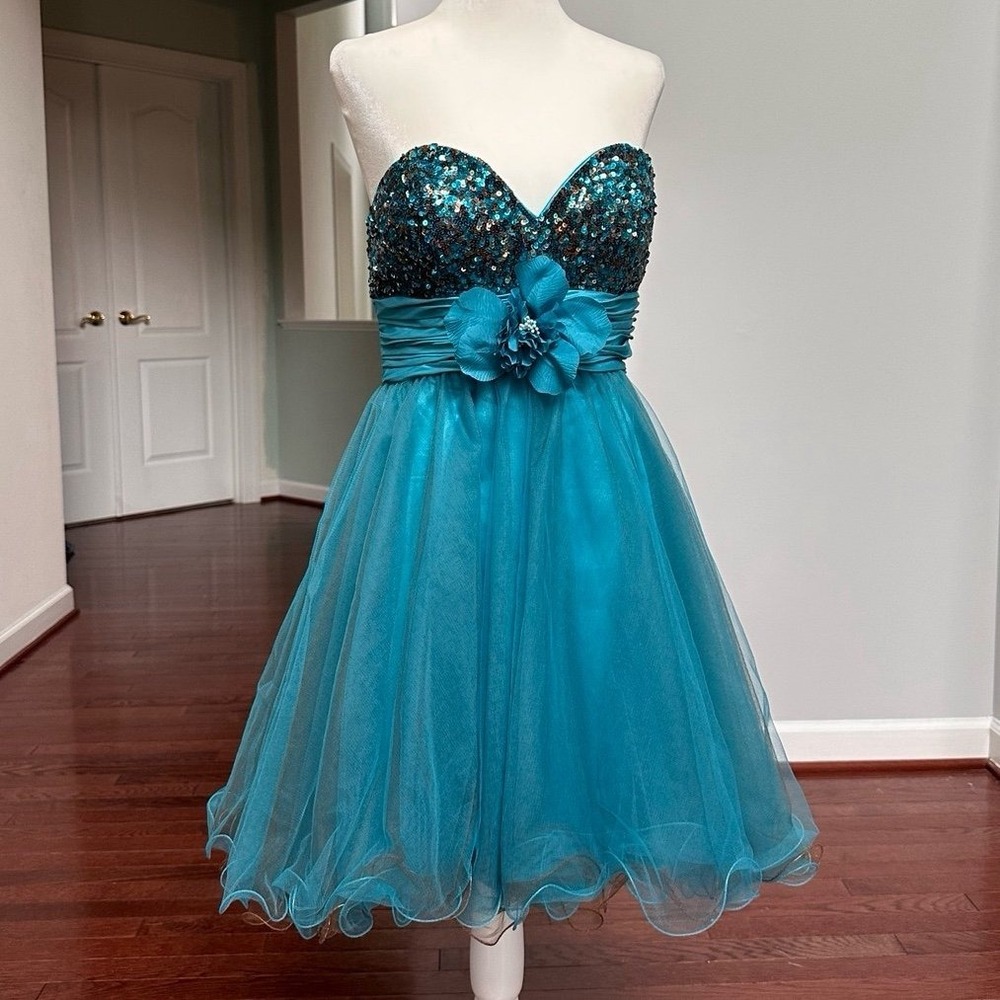 Let's Fashion Blue Floral Sequin Tulle Puffy Girly Feminine Mini Cocktail Dress